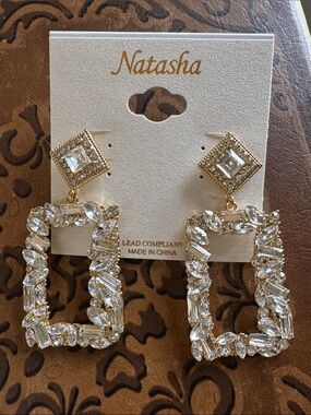 Natasha Couture Gold and Clear Crystal Rectangular Drop Earrings